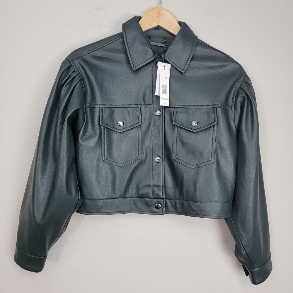 T.Tahari Faux Leather Cropped Bomber Jacket Women's Size PS Bottle Green Snap